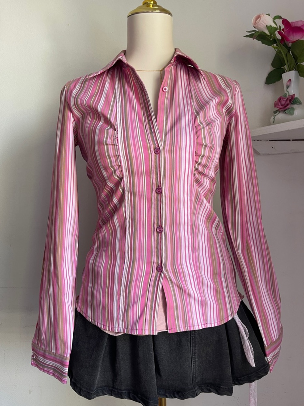 Women’s Pink Striped Button-Up Shirt - Picture 3 of 6